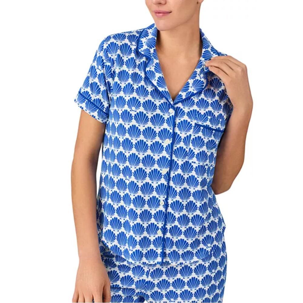 Kate Spade New York Seashell Print Pajama Set Large Blue White Button Up Pants - Picture 5 of 10